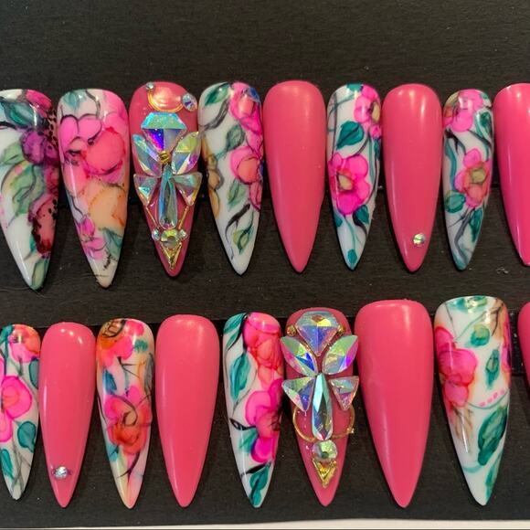 Extra Long Handmade Pink Stiletto Press On Gel Nails - Picture 4 of 4